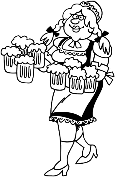 Bar maid carrying eight mugs of beer vinyl sticker. Customize on line. Restaurants Bars Hotels 079-0457